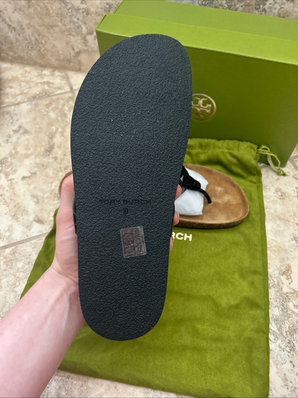 Tory Burch Black Logo Thong Sandals with Tan Footbed - Picture 5 of 7